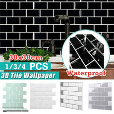 4PCS Home Decor White/Biege/Gray/Light Green/Black 3D Brick Wall Waterproof Self-Adhesive Brick Wall Stickers 3D Tile Wallpapers Bathroom Kitchen Decoration Mosaic Tile Wall Sticker — image 3 of 19