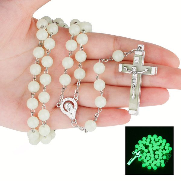 Glow In The Dark Rosary Necklace For Women INRI Crucifix Cross Pendant 8MM Beaded chains Religion faith Jewelry — image 1 of 11