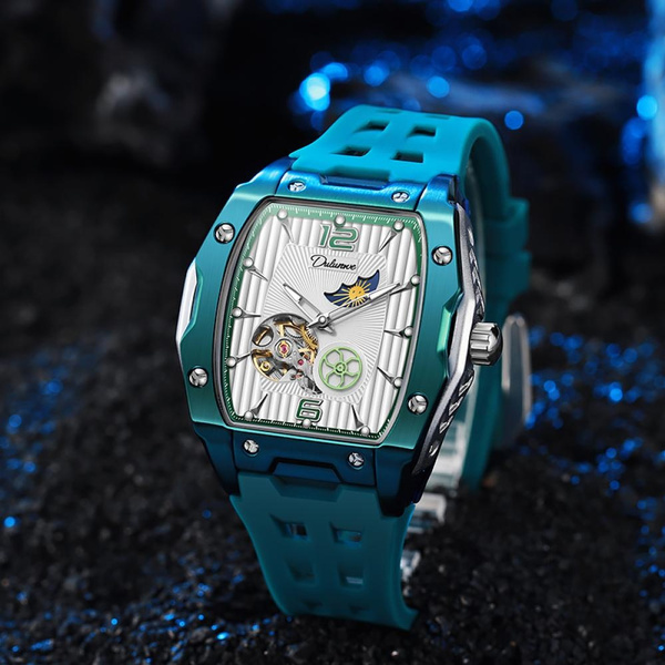 Dulunwe Starry Moon Phases Hollow Out Automatic Mechanical Watch Rubber Strap Luminous Wristwatch Tonneau Sports Men's Tourbillon Watches — image 1 of 15