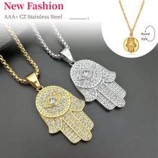 Hip Hop Full AAA CZ Turkish Evil Eye Hamsa Hand of Fatima Pendant Necklace Gold Plated 316L Stainless Steel Iced Out Chains For Women Men Jewelry — image 3 of 14