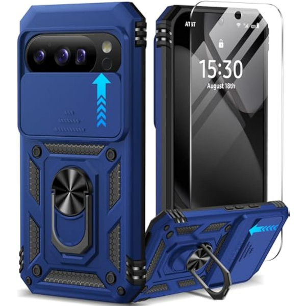 For Google Pixel 10 Case/Pixel 10 Pro Case With Screen Protector & Slide Camera Lens Cover,Built-In Ring Stand Protective Phone Case For Pixel 10 Case/Google Pixel 10 Pro Case (Blue) — image 1 of 7