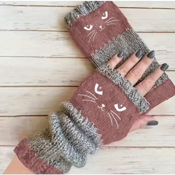 Autumn and winter heart-shaped contrasting color retro warm fashion finger gloves — image 1 of 20