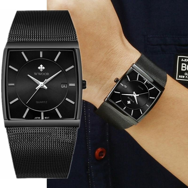 Black Business Mens Watches Square Dial Waterproof En Acier Inoxydable Montre-Bracelet Hommes Montres Quartz Watch WWOOR Uhren Herren Wasserdicht — image 1 of 22