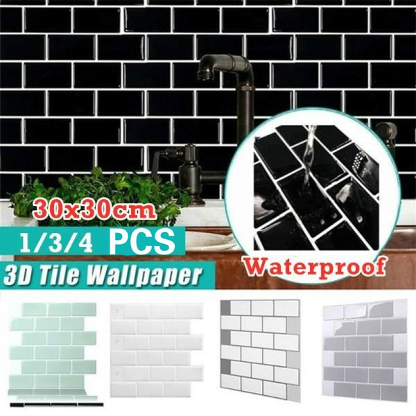 4PCS Home Decor White/Biege/Gray/Light Green/Black 3D Brick Wall Waterproof Self-Adhesive Brick Wall Stickers 3D Tile Wallpapers Bathroom Kitchen Decoration Mosaic Tile Wall Sticker — image 1 of 19