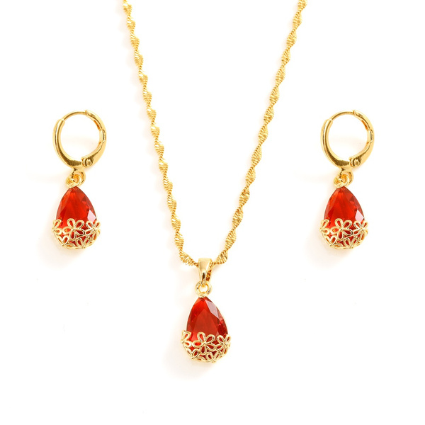 Water Drop Pendant Necklace Stud Earrings Woman 18K Yellow Gold Filled Womens Jewellery Red Crystal Jewellery Set — image 1 of 8