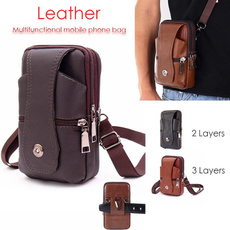 Men Leather Waist Bag, Multifunction Fanny Pack, Large Capacity Belt Bag,Brown Shoulder Bags Crossbody Bags,Multi-layer Buckle Mobile Phone Bag — image 3 of 20