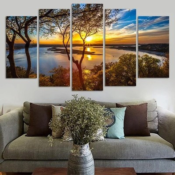 Five Panels Sunset Tree Modern Abstract Red Green Mysterious Wall Art Canvas Posters Prints unframed Wall Pictures Paintings Artwork Posters for Home Living Room Bedroom Decorations — image 1 of 11