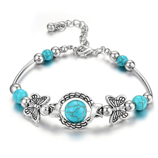 Women Fashion   Turquoise Beads Charm Bracelet Jewelry Vintage Butterfly Chain Beads Bracelet & Bangle Wedding Gift — image 1 of 10