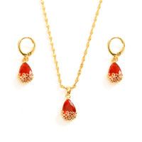 Water Drop Pendant Necklace Stud Earrings Woman 18K Yellow Gold Filled Womens Jewellery Red Crystal Jewellery Set — image 2 of 8