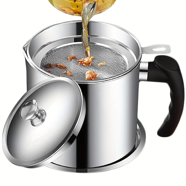 1pc Home Kitchen Container With Strainer Easy To Holding When Need Stainless Steel Made For Storage Cooking Oil And Grease 1.8L/ 60 Oz — image 1 of 11