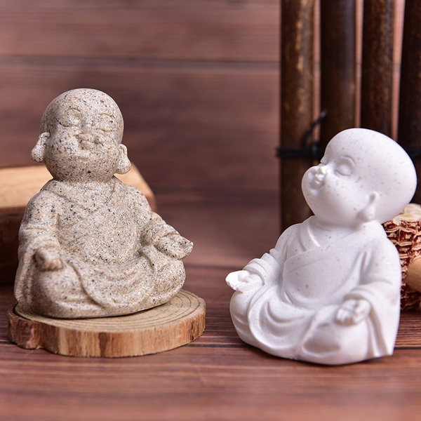 Cute Little Monk Statue Sandstone Adorable Chinese Buddha Statuettes Lovely Figurine For Home Decor Creative Gift — image 1 of 8
