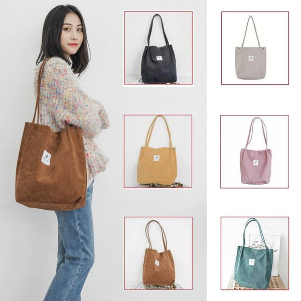 High Capacity Women Corduroy Tote Ladies Casual Shoulder Bag Foldable Reusable Shopping Beach Bag — image 1 of 14