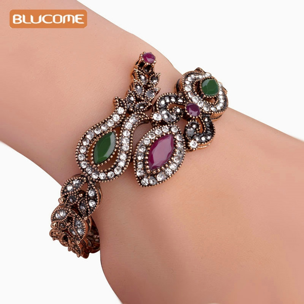 Blucome Latest Vintage Women Party Bangles Red Acrylic Resin Lily Flower Bracelets Full Crystals Turkish Bijuterias Hand Jewelry — image 1 of 14