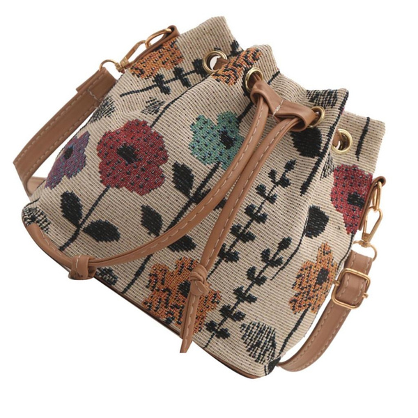 Women Bucket Bag Drawstring Shoulder Bag Female Fashion Crossbody Messengers Bag Ethnic Styles Handbag for Travel Work — image 1 of 14