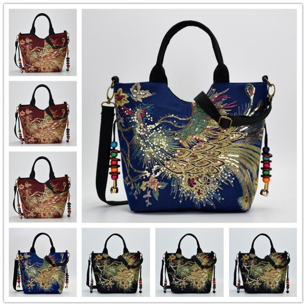 Ethnic Style Embroidery Bag Bag Canvas Peacock Embroidery Little Women's Bag Middle-aged One-shoulder Carry Diagonal Crossover Bag — image 1 of 18