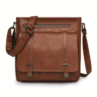 Women's Vintage-Inspired Crossbody Bag - Large Capacity Adjustable Shoulder Strap, Multiple Zippered Compartments, Two-Tone Brown & Black, Secure Metal Hardware for Business Commute & Casual Outings, Classic Mailbag Style, Textured Finish — image 2 of 12