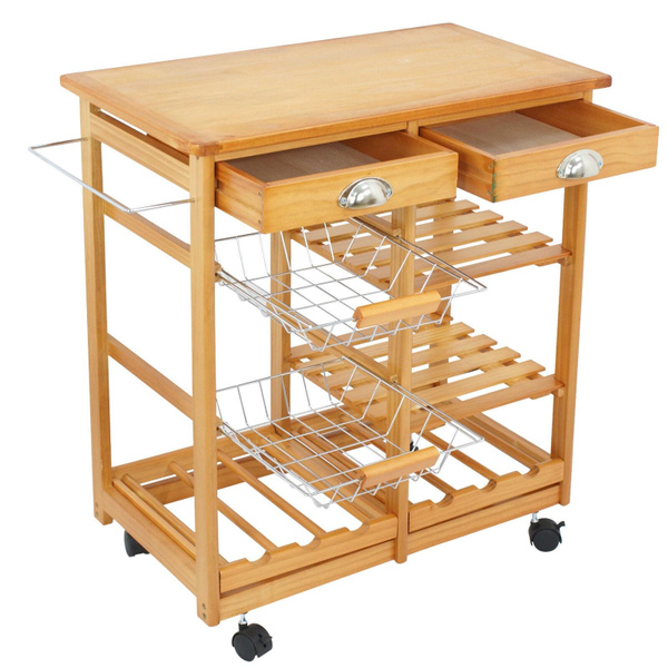 Wooden Kitchen Utility Island Cart W/ Shelves Drawers Trolley Stand Natural — image 1 of 8
