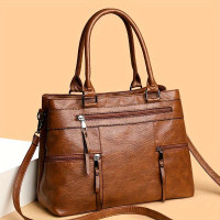 Vintage-Style Women’s Satchel Purse - Multi-Layer Crossbody Handbag with Detachable Strap,, Zip Closure, Available in Deep Brown/Grey/Yellow/Black — image 2 of 10