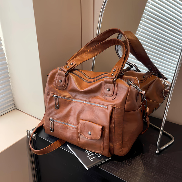 Women'S Large Capacity Genuine Leather Handbag - Elegant Brown Purse with Zipper Closure, Spacious Interior for Work, Travel, Everyday Use - Convertible Crossbody/Handbag/Clutch - Durable & Easy-Clean Design, Leather Purse, Travel Accessory — image 1 of 17