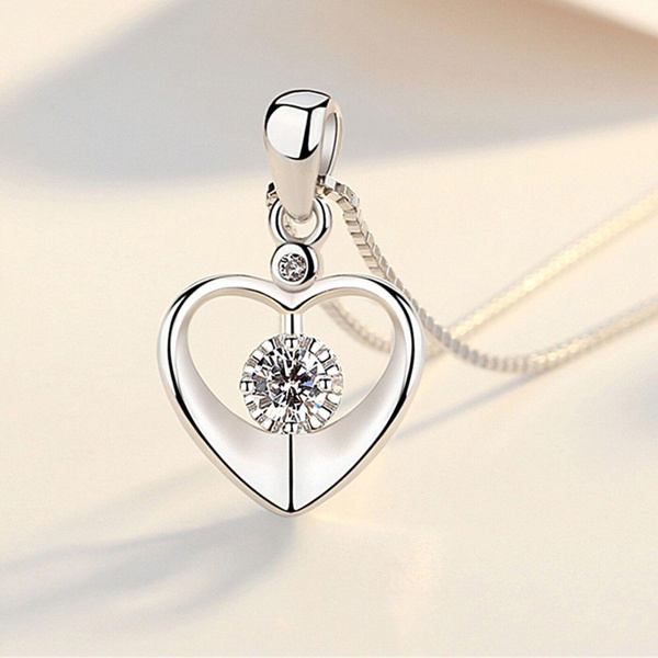925 Sterling Silver Crystal Love Heart Pendant Necklace Women Jewellery Gift UK — image 1 of 7