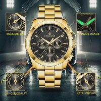 Automatic Mechanical Watch for Men - Gold Black Stainless Steel Case with 3 Subdials, Date, Chronograph Sports Business Watch — image 2 of 16