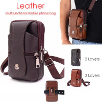 Men Leather Waist Bag, Multifunction Fanny Pack, Large Capacity Belt Bag,Brown Shoulder Bags Crossbody Bags,Multi-layer Buckle Mobile Phone Bag — image 2 of 20