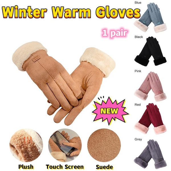 1 Pair Winter Warm Soft Comfortable Suede Wool Gloves Touch Screen Full Finger Gloves Outdoor Sports Gloves Furry Gloves Winter Cold Gloves — image 1 of 13