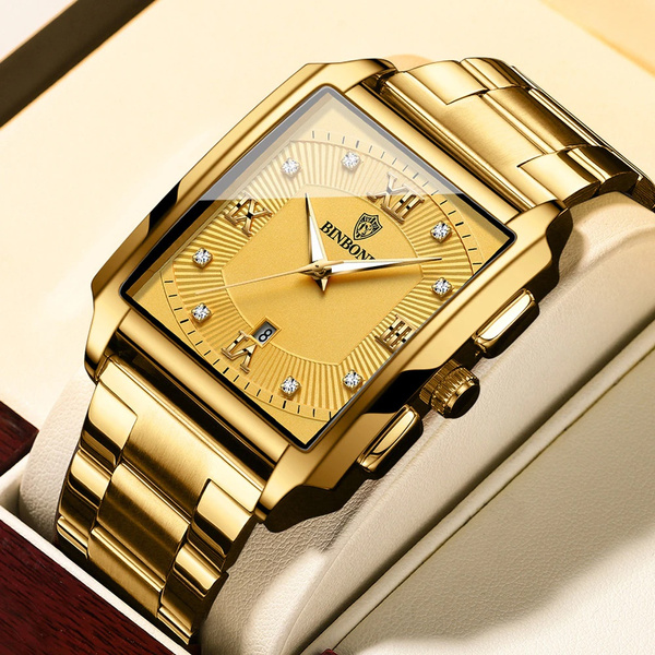 Men's Fashion Binbond Gold Men's Watches Luxury Original Stainless Steel Waterproof Square Male Wristwatches Clock Relogio Masculino 2023 Uhren Herren Gold Watch for Men — image 1 of 22