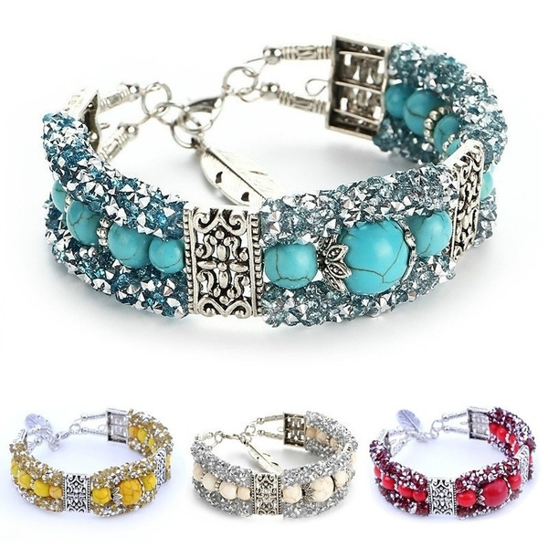Vintage Tibetan Silver Feather Turquoise Beads Bracelet Bangle Crystal Diamond Turquoise Bangle Women Jewelry Gift — image 1 of 16