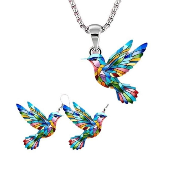 Cute Hummingbird Pendant Necklace Earrings Colorful Charm Jewelry Set for Her — image 1 of 10