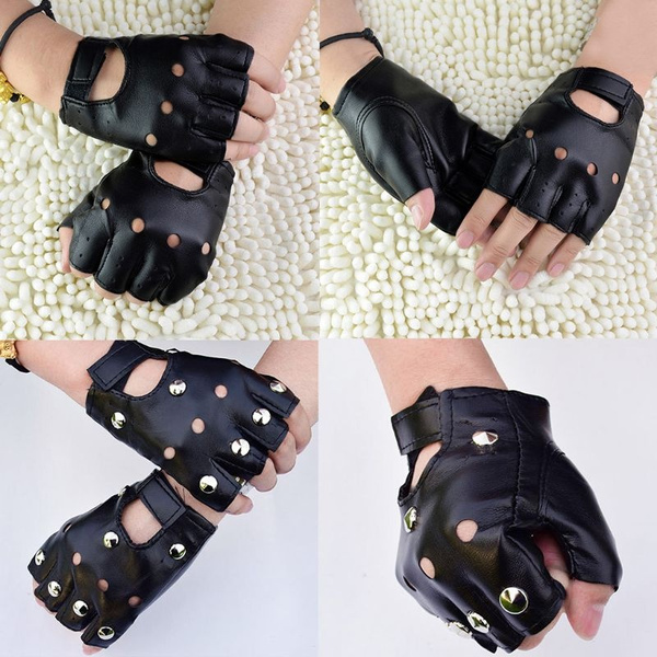 Men Unisex Artificial Leather Half-Finger Gloves Theatrical Punk Hip-Hop Driving Motorcycle Performance Party Fingerless Mittens BEW — image 1 of 14