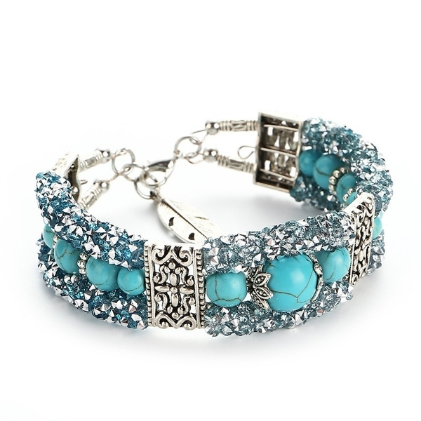 Vintage Tibetan Silver Feather Turquoise Beads Bracelet Bangle Crystal Diamond Turquoise Bangle Women Jewelry Gift — image 1 of 15