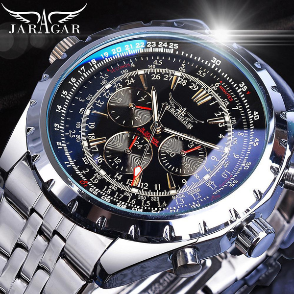Jaragar 3 Dial Men's Automatic Watch Stainless Steel Mechanical Men's Watches Date Week Display Luminous Wristwatch Blue Glass — image 1 of 20