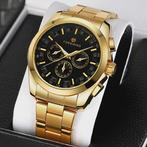 Automatic Mechanical Watch for Men - Gold Black Stainless Steel Case with 3 Subdials, Date, Chronograph Sports Business Watch — image 1 of 16