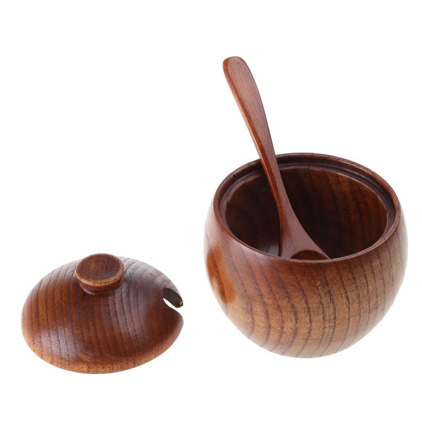 1 Set Solid Wood Spice Jar Sugar Bowl Salt Pepper Seasoning Box Japanese Style With Spoon And Lid Kitchen Tool GFA — image 1 of 14