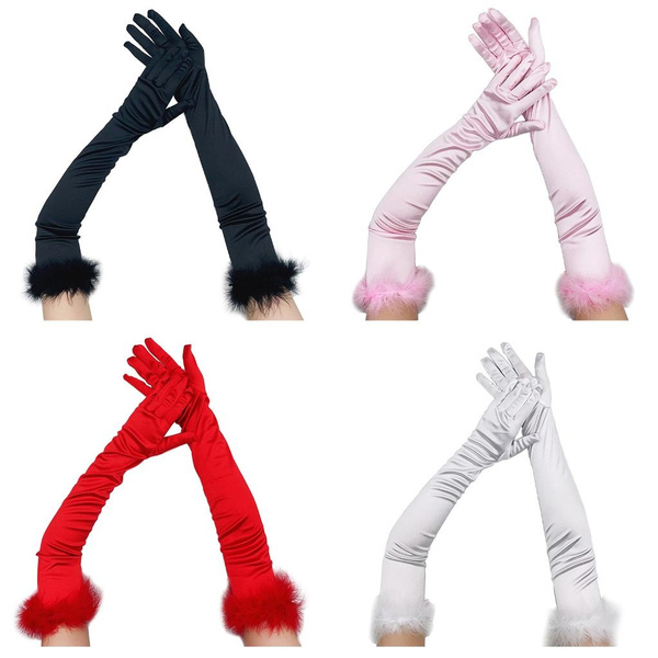 Feather Cuffs Long Sleeve Gloves Banquet Dress Gloves Solid Color Warm Satin Elastic Summer Spring Driving Gloves CAD — image 1 of 19