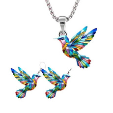 Cute Hummingbird Pendant Necklace Earrings Colorful Charm Jewelry Set for Her — image 3 of 10