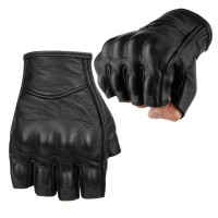 1pair Fingerless Leather Gloves for Men Black Breathable Leather Riding Motorcycle Gloves Summer Driving Cycling — image 2 of 10