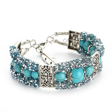 Vintage Tibetan Silver Feather Turquoise Beads Bracelet Bangle Crystal Diamond Turquoise Bangle Women Jewelry Gift — image 3 of 15